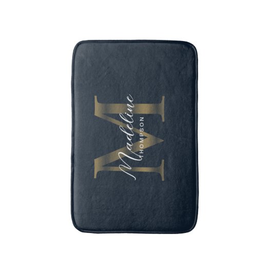 Simple Script Metallic Navy Blue Gold Monogram Badmat (Voorkant Verticaal)