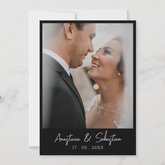 Simple Script Modern Black & White Photo Wedding Save The Date (Achterkant)