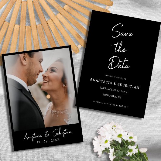 Simple Script Modern Black & White Photo Wedding Save The Date