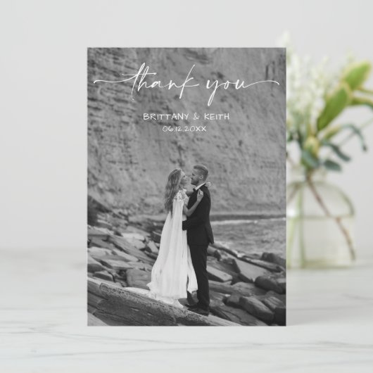 Simple Script Modern Wedding Photo Thank You Card Bedankkaart (Staand voorkant)