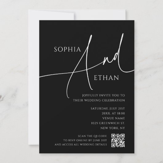 Simple Script Moody QR Code Black Wedding Kaart (Voorkant)