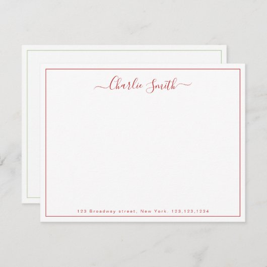 Simple script red border personalized stationery notitiekaartje (Voorkant / Achterkant)