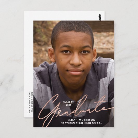 Simple Script Roos Gold Overlay Photo Afstuderen Briefkaart (Voorkant / Achterkant)