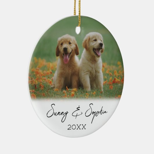 Simple Script Two Puppy Dog Photo Keramisch Ornament (Rechts)