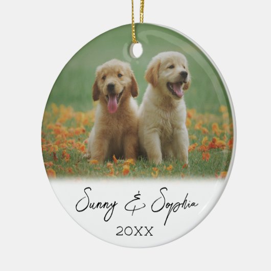 Simple Script Two Puppy Dog Photo Keramisch Ornament (Links)