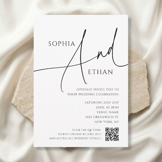 Simple Script Typography QR Code White Wedding Kaart