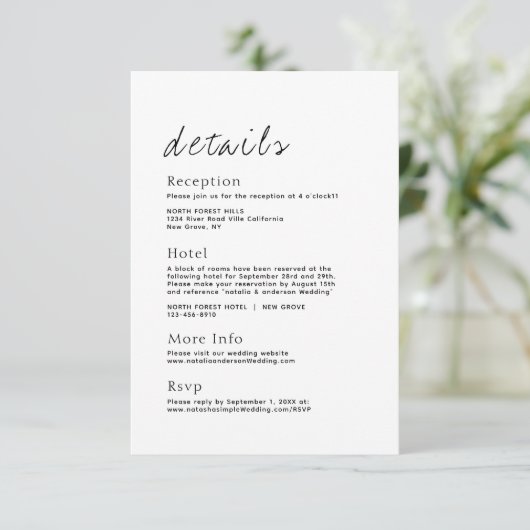 Simple Script Wedding Details Enclosure Kaart (Staand voorkant)