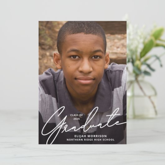 Simple Script White Overlay Photo Graduparty Kaart (Staand voorkant)