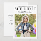 Simple SHE HEEFT IT Afstuderen Moderne Foto Afstud Aankondiging (Voorkant / Achterkant)