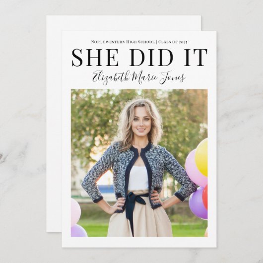 Simple SHE HEEFT IT Afstuderen Moderne Foto Afstud Aankondiging (Voorkant / Achterkant)