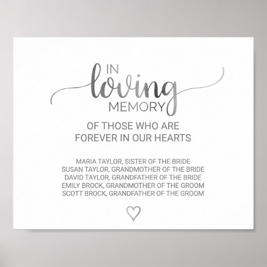 Simple Silver Calligraphy In Loving Memory Sign Poster (Voorkant)
