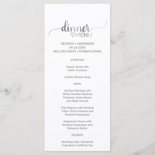 Simple Silver Calligraphy Wedding Dinner Menu Kaar (Voorkant)