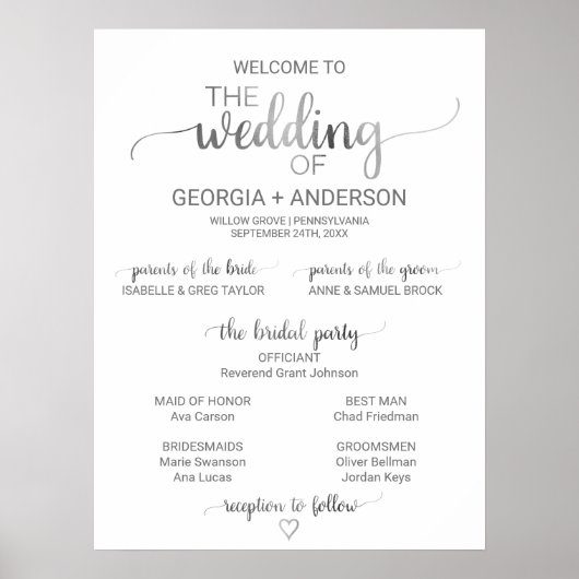 Simple Silver Foil Calligraphy Wedding Programme ( Poster (Voorkant)
