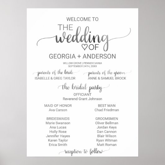 Simple Silver Foil Calligraphy Wedding Programme Poster (Voorkant)
