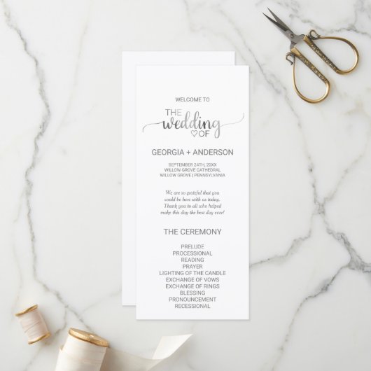 Simple Silver Foil Calligraphy Wedding Programme Programmakaart (Voorkant / Achterkant in situ)