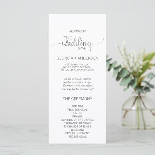 Simple Silver Foil Calligraphy Wedding Programme Programmakaart (Staand voorkant)