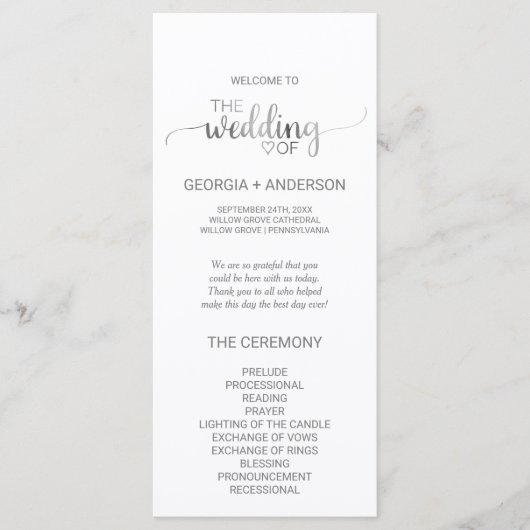 Simple Silver Foil Calligraphy Wedding Programme Programmakaart (Voorkant)