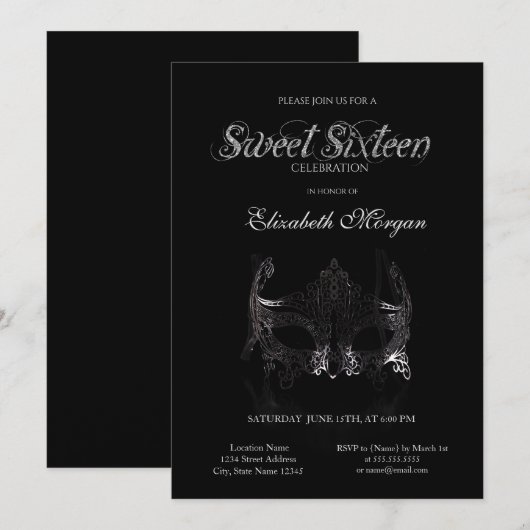 Simple Silver Masque Black Sweet 16 Kaart (Voorkant / Achterkant)