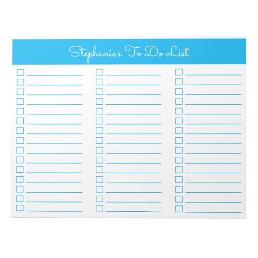 Simple Sky Blue 8.5x11 Three Column Checklist Notitieblok (Voorkant)