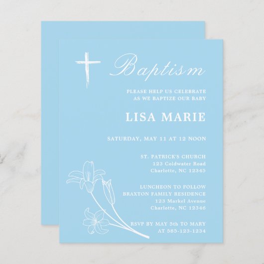 Simple Sky Blue Baby Budget Baptism Invitation (Voorkant / Achterkant)