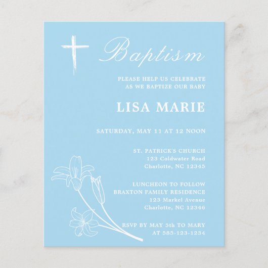 Simple Sky Blue Baby Budget Baptism Invitation (Voorkant)