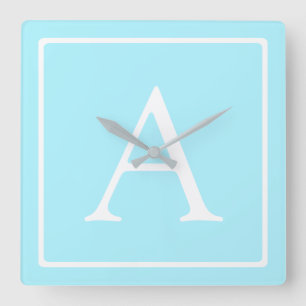 Simple Sky Blue Monogram Vierkante Klok
