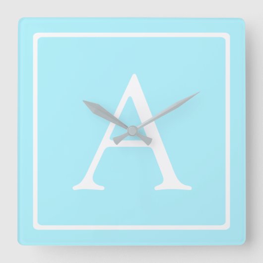 Simple Sky Blue Monogram Vierkante Klok (Voorkant)