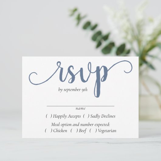 Simple Slate Script | Dusty Blue Entree Choice RSVP Kaartje (Staand voorkant)
