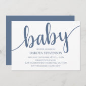 Simple Slate Script | Stoffelijk denim blauw Baby Kaart (Voorkant / Achterkant)