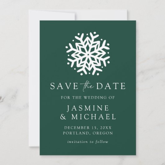 Simple Snowflake Green Save The Date (Voorkant)