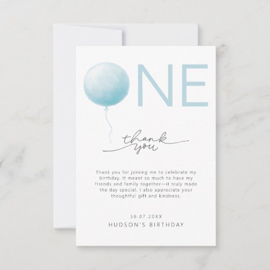 Simple Soft Blue Balloon Boys First Birthday Bedankkaart (Voorkant)