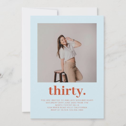 Simple Soft Blue Minimal Photo 30th Birthday  Kaart (Voorkant)