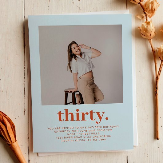 Simple Soft Blue Minimal Photo 30th Birthday  Kaart