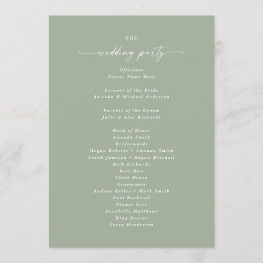 Simple Solid Leaf Green Wedding Ceremony Program Programmakaart (Achterkant)