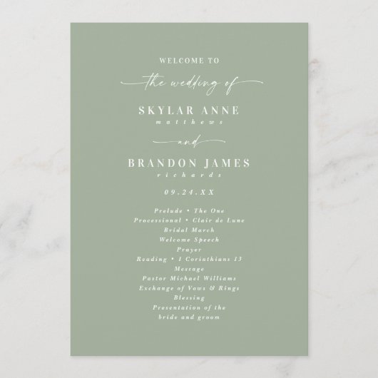 Simple Solid Leaf Green Wedding Ceremony Program Programmakaart (Voorkant)