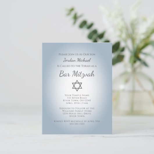 Simple Star of David Modern Bar Mitzvah Blue Uitnodiging Briefkaart (Staand voorkant)