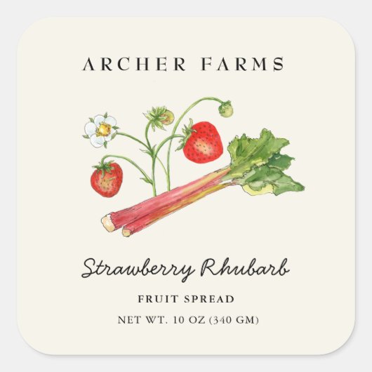 Simple Strawberry Rhubarb square Jam Jar Label (Voorkant)
