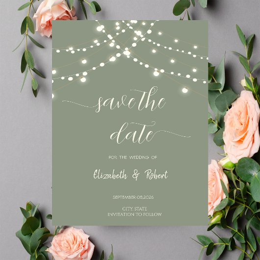 Simple String Lights Sage Green Save The Date