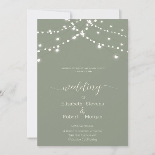 Simple String Lights Sage Green Wedding Kaart (Voorkant)
