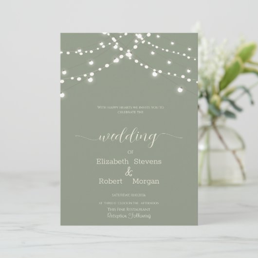 Simple String Lights Sage Green Wedding Kaart (Staand voorkant)