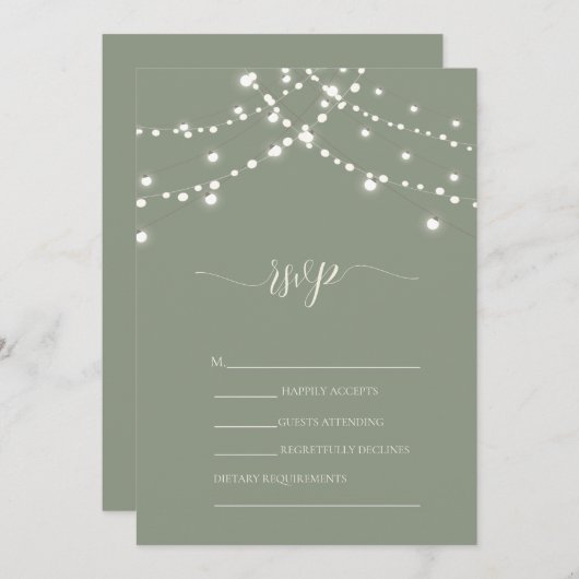 Simple String Lights Sage Green Wedding RSVP   Kaart (Voorkant / Achterkant)