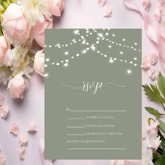 Simple String Lights Sage Green Wedding RSVP   Kaart