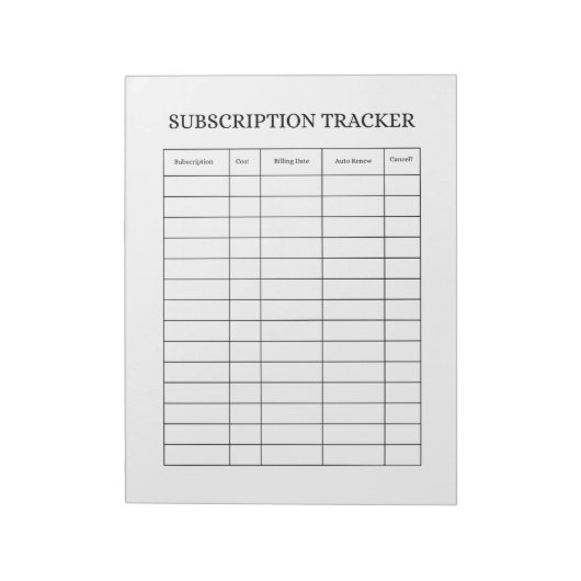 SIMPLE Subscription Tracker Notepad Notitieblok (Linkerzijde)