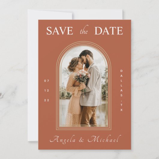 Simple Terracotta Arch Verloving Foto Boho Brown Save The Date (Voorkant)