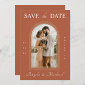 Simple Terracotta Arch Verloving Foto Boho Brown Save The Date (Voorkant / Achterkant)