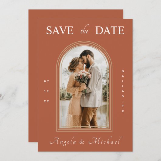 Simple Terracotta Arch Verloving Foto Boho Brown Save The Date (Voorkant / Achterkant)