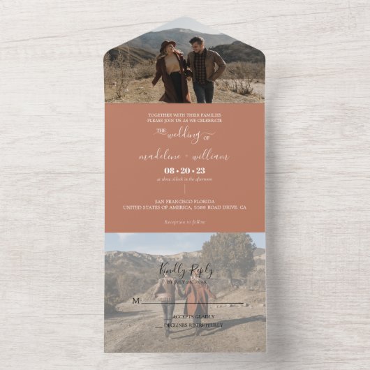 Simple Terracotta Boho Trendy Photo Wedding All In One Uitnodiging (Binnen)