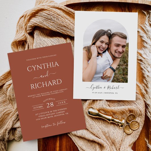 Simple Terracotta Burnt Oranje Photo Wedding Kaart