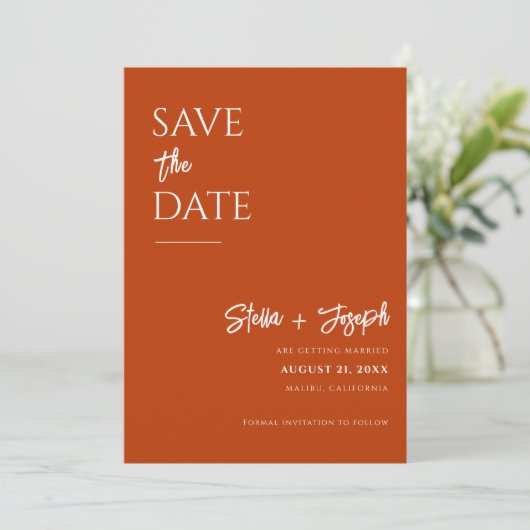 Simple Terracotta Modern Boho Chic Photo Wedding Save The Date (Staand voorkant)