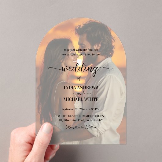 Simple Text Overlay Photo Wedding Acryl Uitnodigingen (Insitu (Draagbaar))